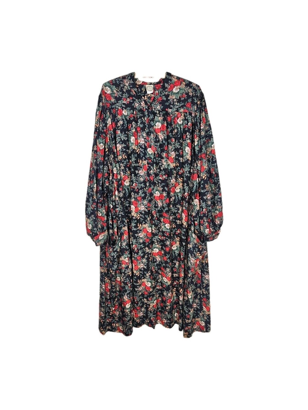 Vtg 1990s Dark Floral Caftan Dress J Jill Cotton Blend Chore Pocket Blouson 4XL